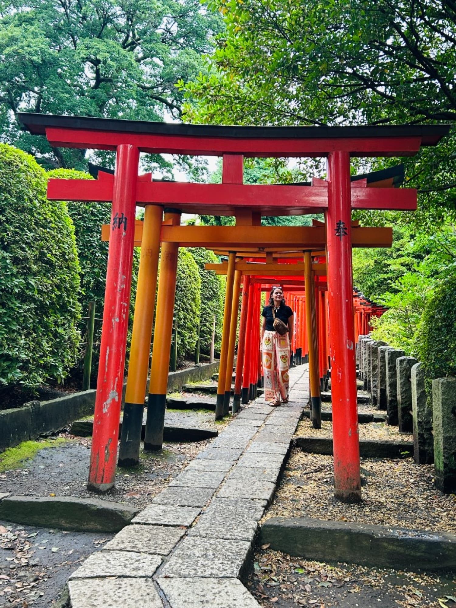 Elise Goujon dans le tunnel de torii vermillon à Fushimi Inari, Kyoto