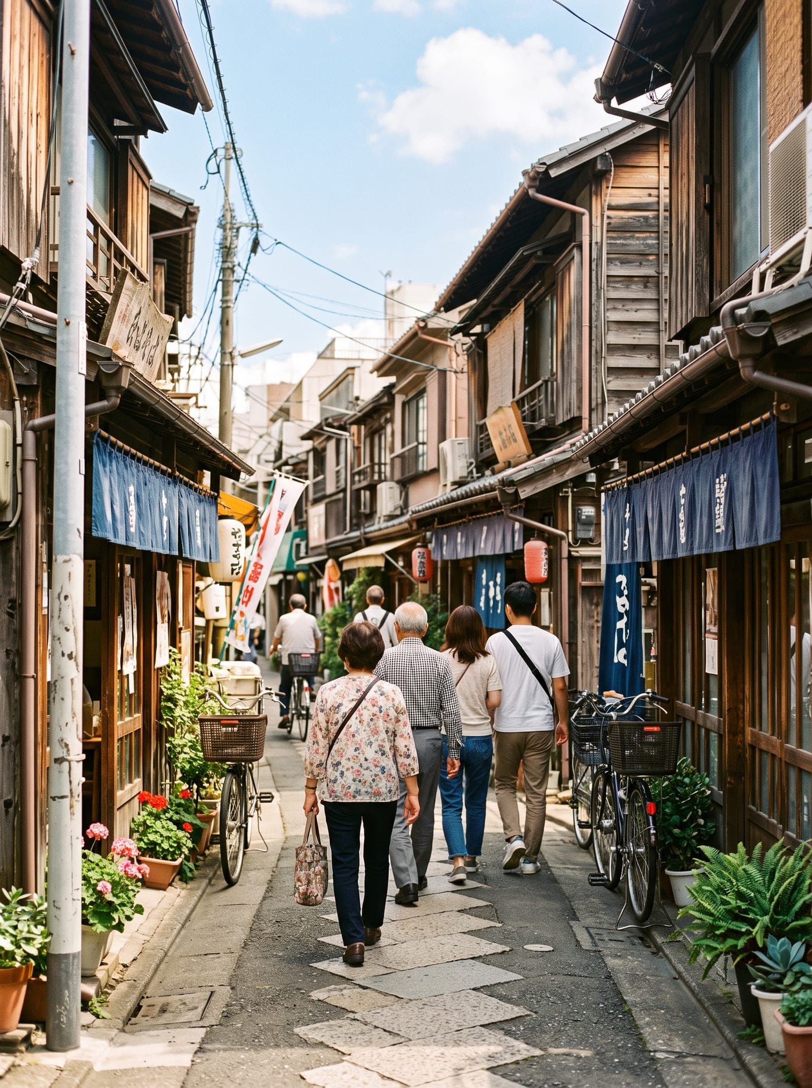 Groupe de visiteurs de dos dans une rue commerçante au Japon