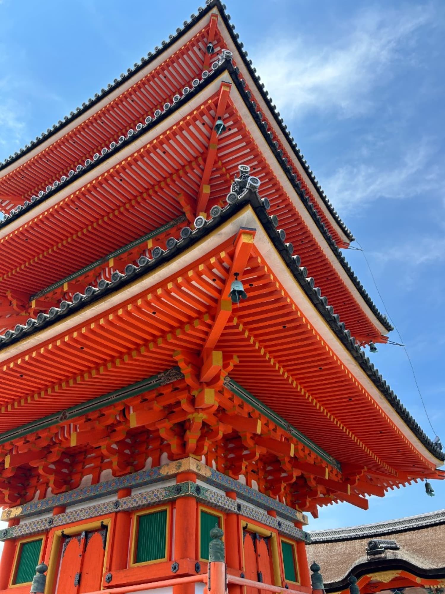 Toits vermillon d'un temple japonais vus en contre-plongée