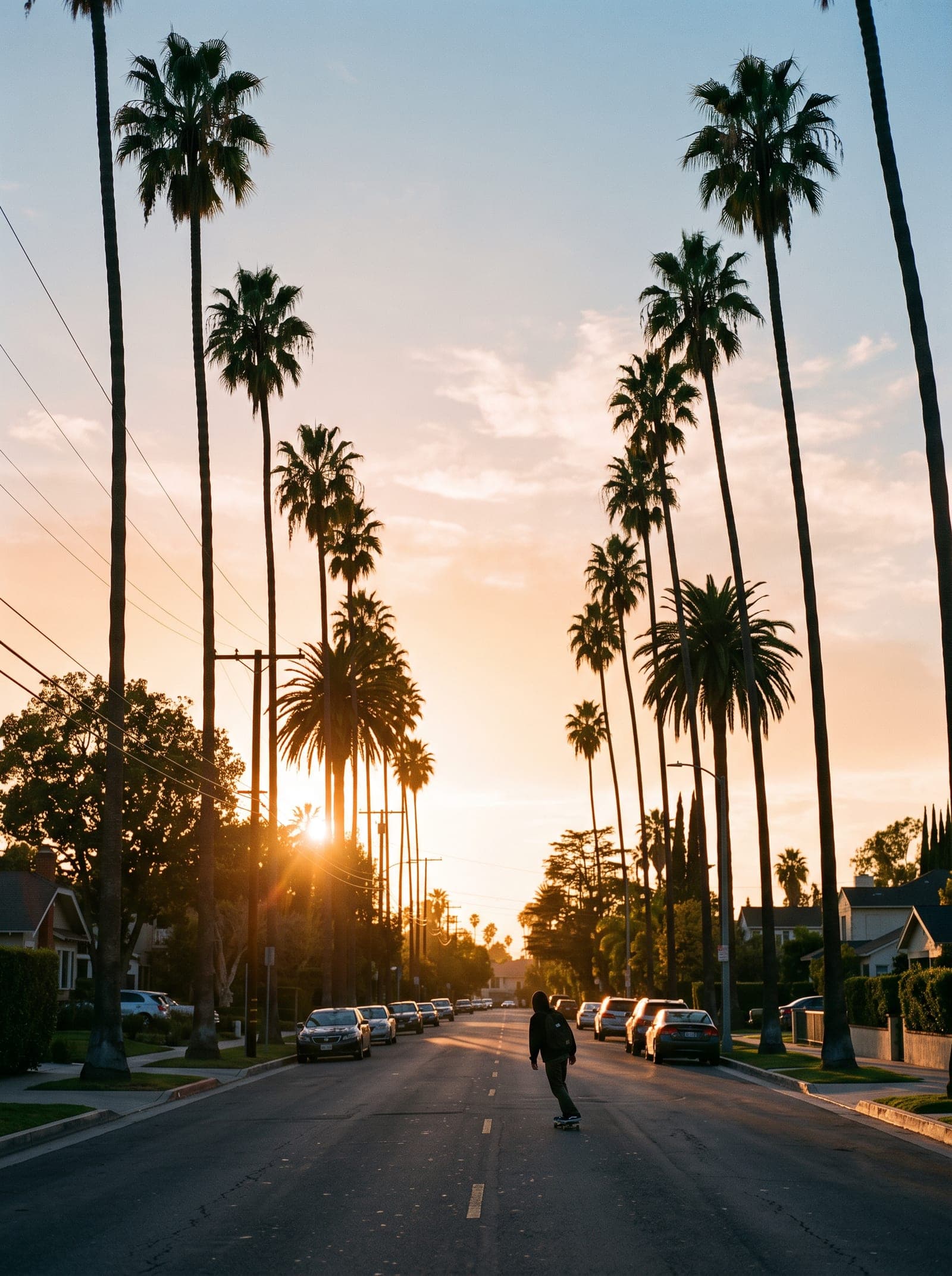 Rue de Los Angeles bordée de très hauts palmiers dans la lumière dorée du soir