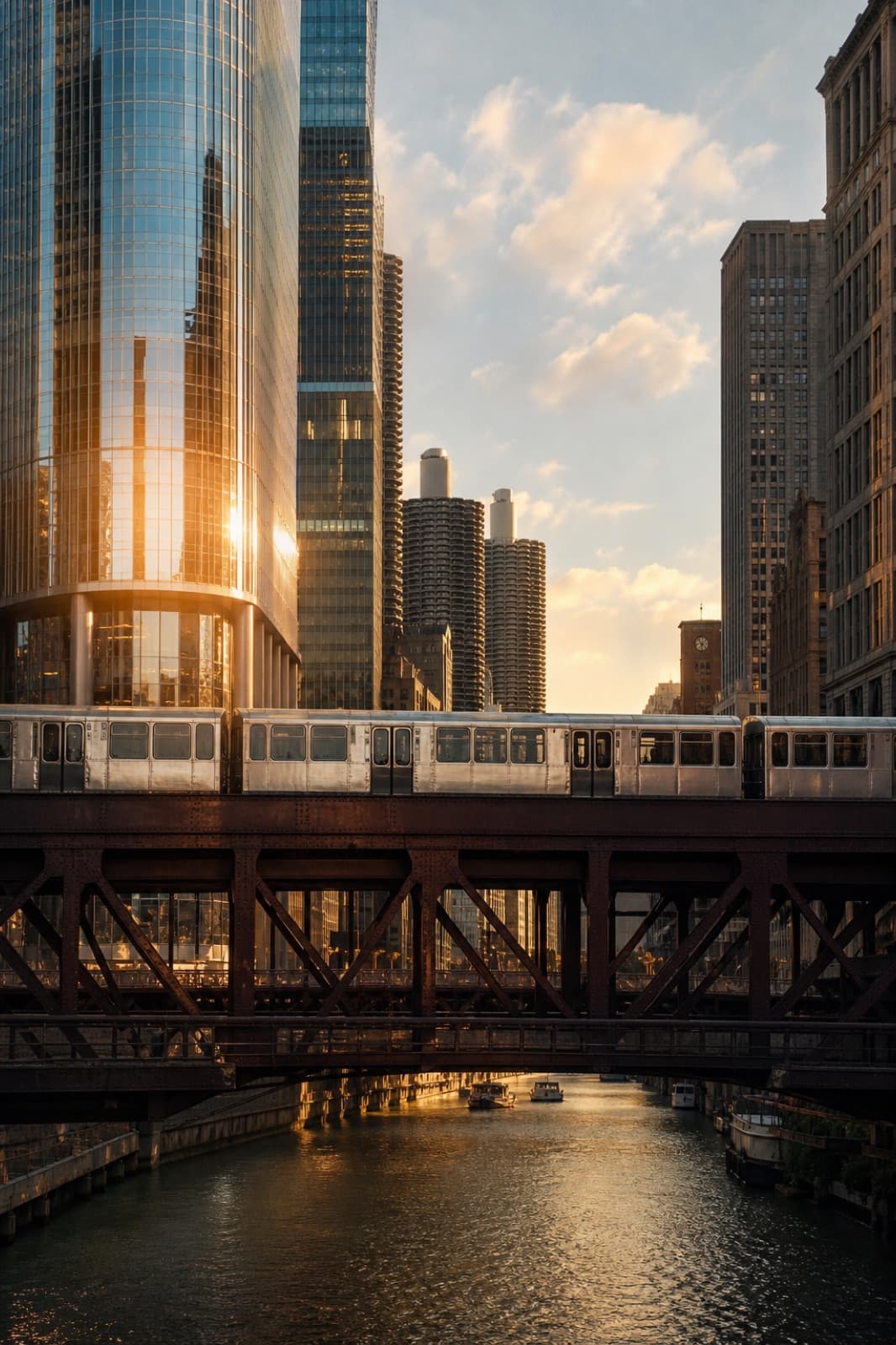 Skyline de Chicago et voie ferrée surélevée dans la lumière dorée du soir