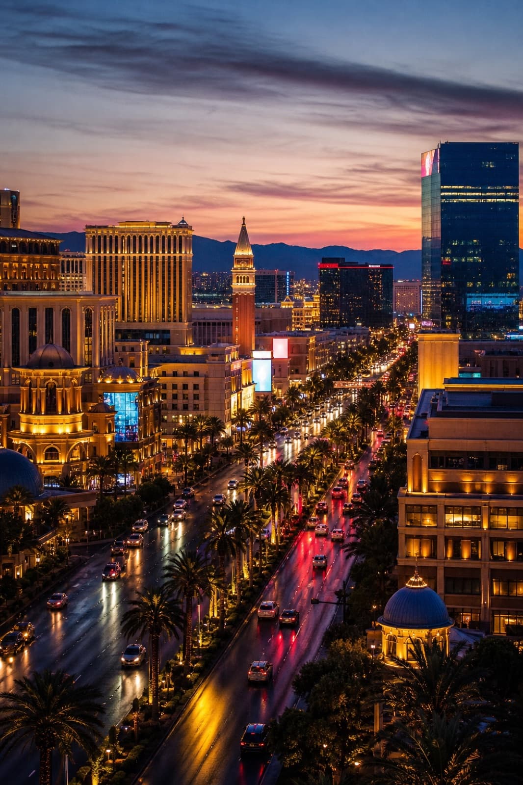 Boulevard de Las Vegas à l'heure bleue, enseignes néon et palmiers