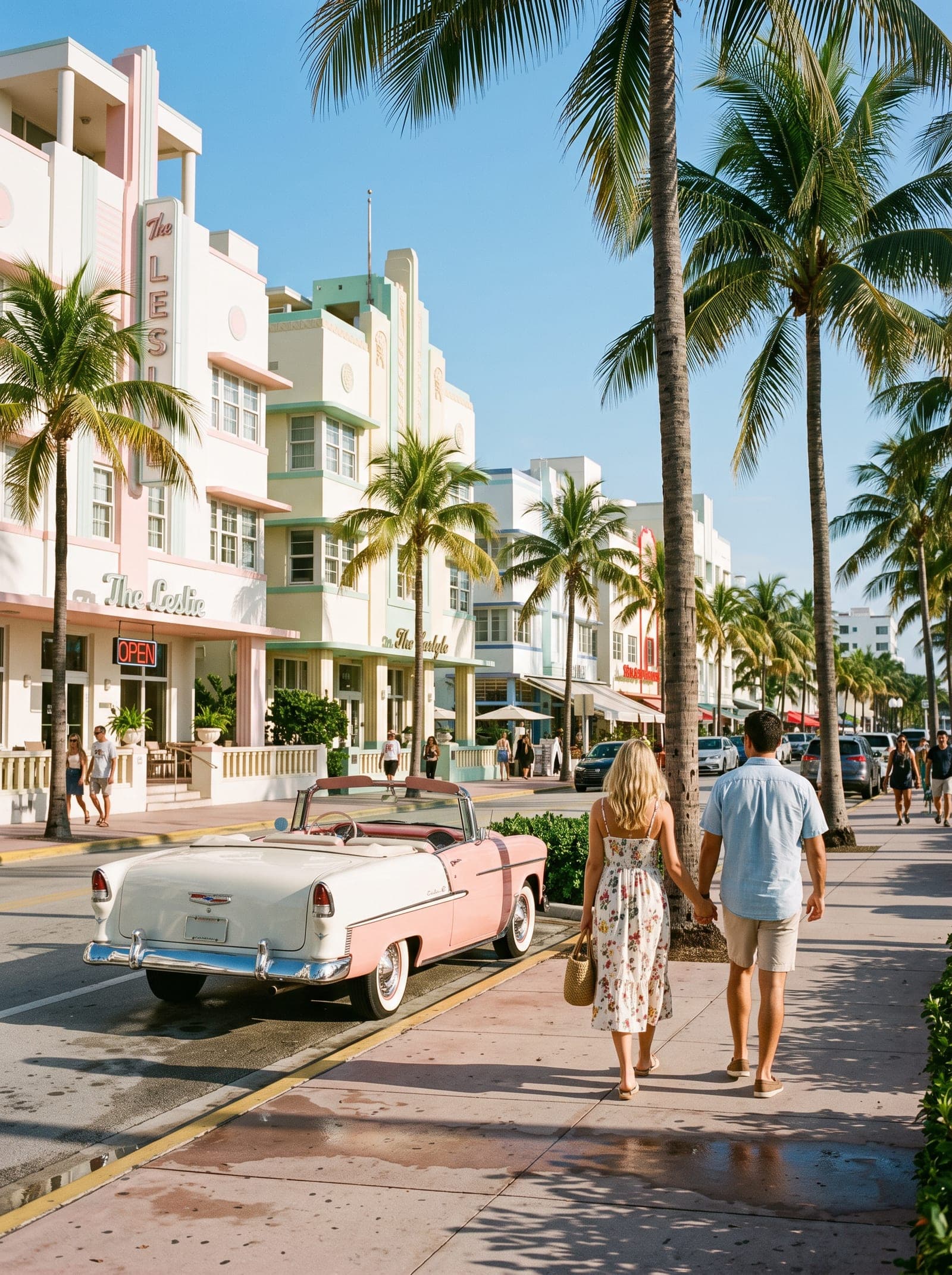 Façades Art déco pastel d'Ocean Drive à Miami sous le soleil, palmiers et cabriolet ancien