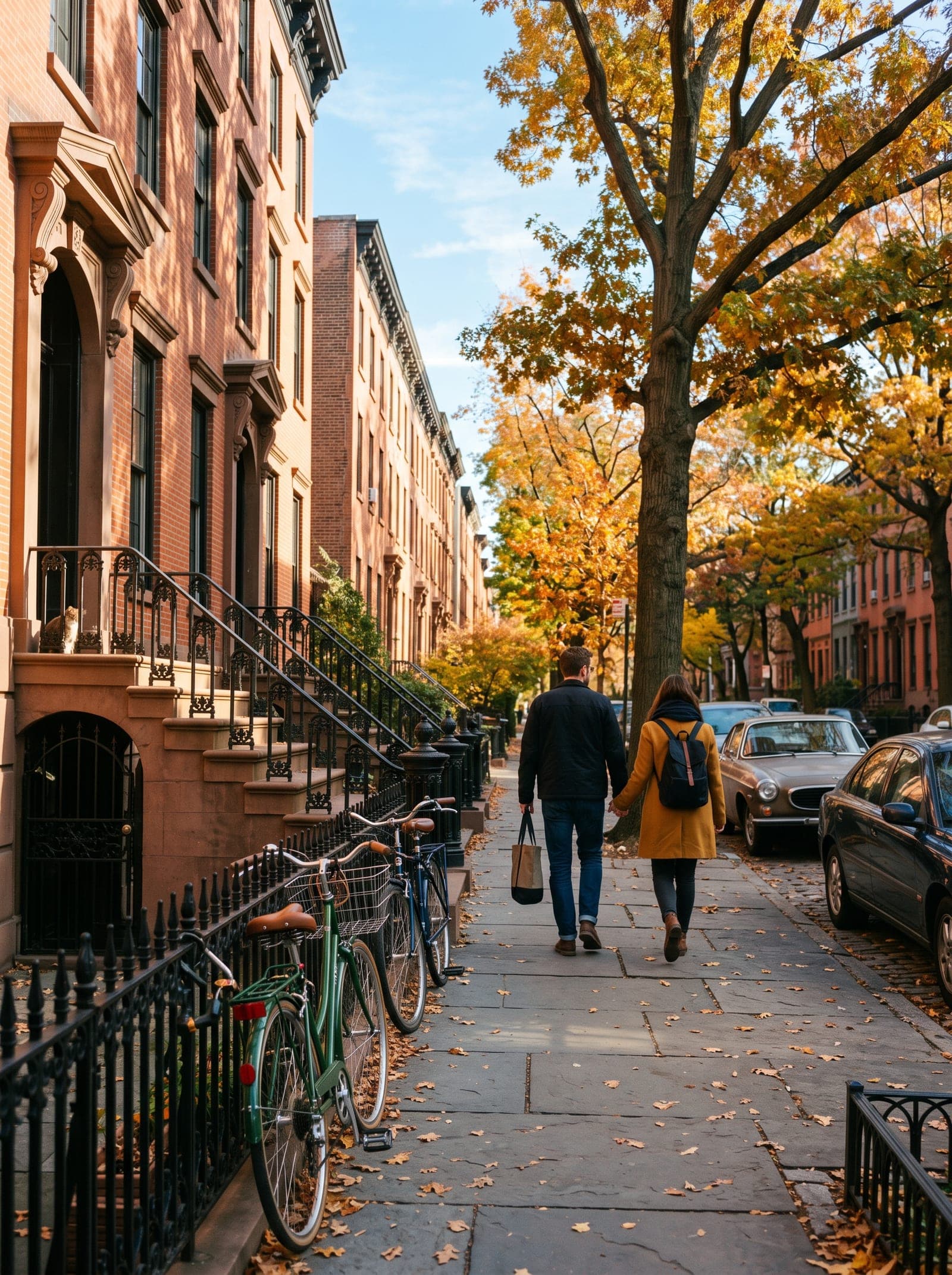 Rue de brownstones à Brooklyn dans la lumière du matin, un couple se promenant sous les arbres dorés